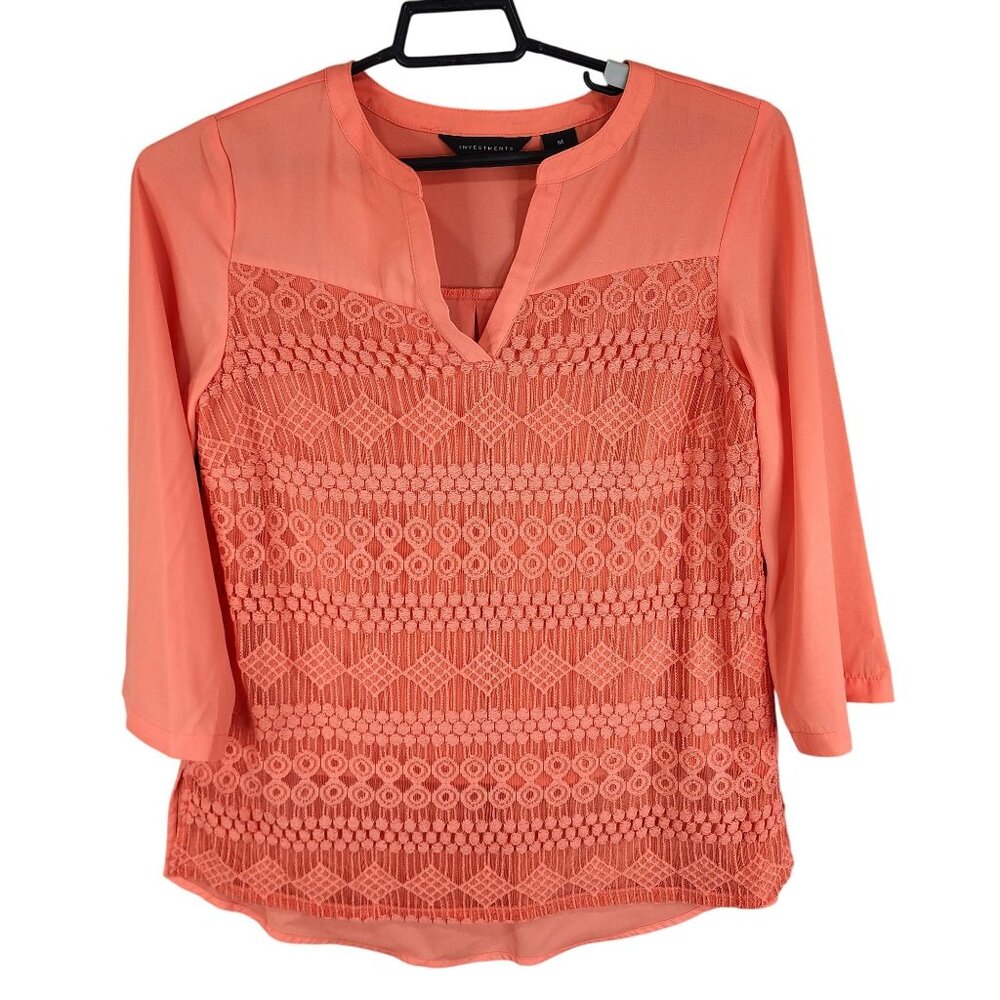 Womens Investments Coral Lace Panel Blouse Top 3/4 Sleeve V-Neck Size M